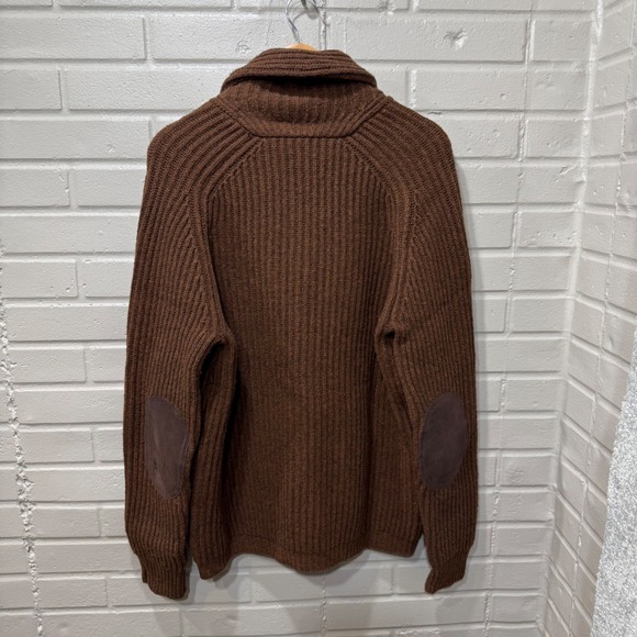 J Crew Lambswool Shawl Cardigan Mens L Brown Leather Elbow Patches Dark Academia - Picture 4 of 10